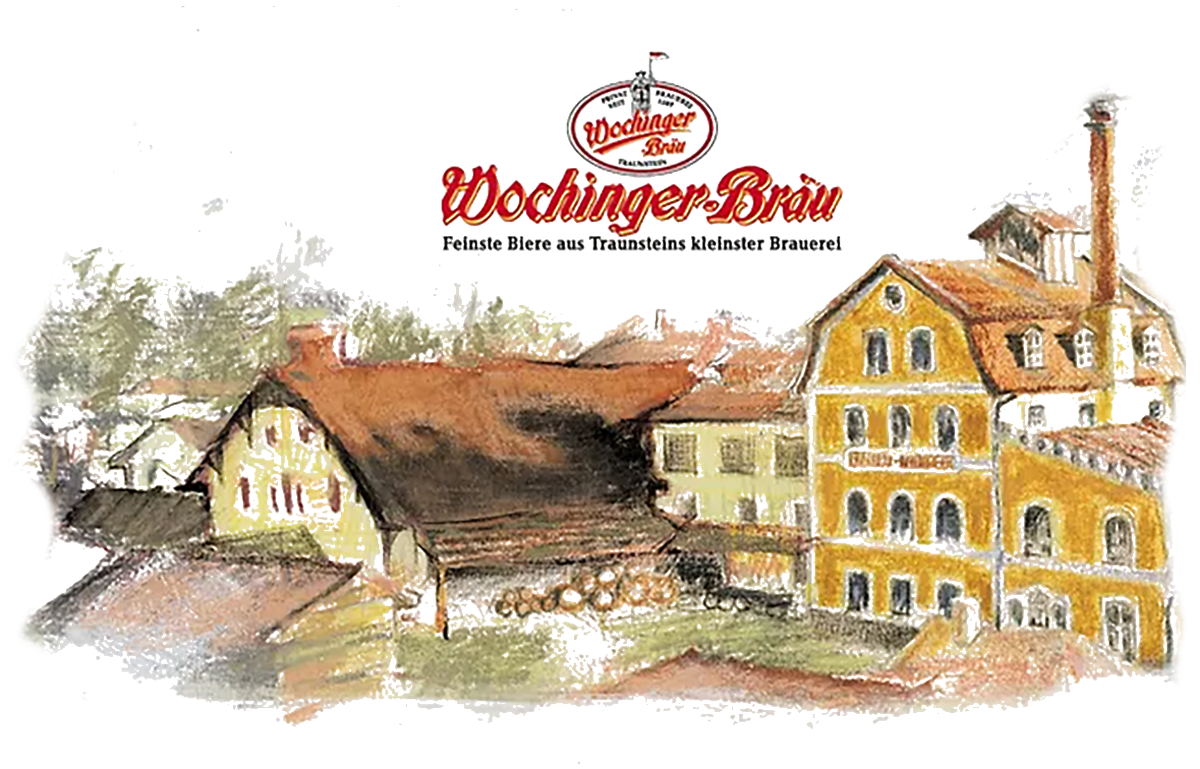 Gezeichnete Ansicht eines gelben Brauereigebäudes mit Nebengebäude und Schornstein, darüber das Logo des Wochinger Bräu.