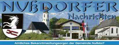 Schriftzug Nußdorfer Nachrichten über Gemeindewappen und Ortsansicht mit Kirche.