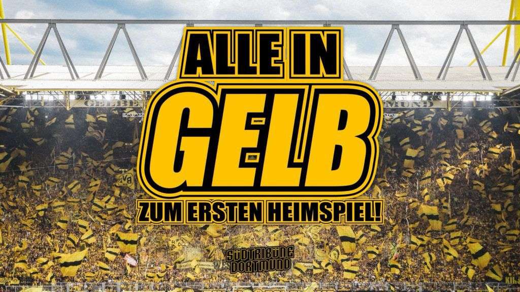 Grafik mit dem Schriftzug Alle in Gelb zum ersten Heimspiel vor einer gelben Südtribüne.