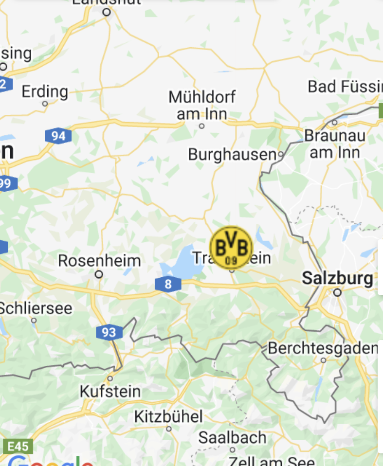 Kartenausschnitt Südostbayern mit Rosenheim, Salzburg und Kufstein, ein BVB-Logo markiert Traunstein.