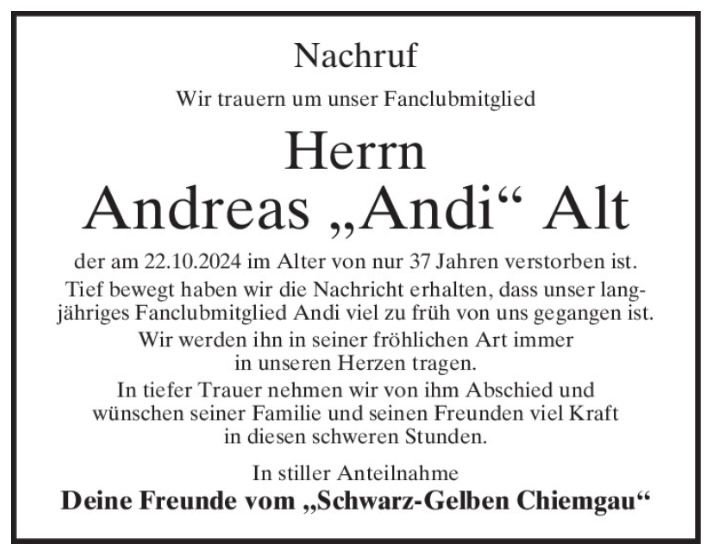 Traueranzeige mit schwarzem Rahmen: Nachruf der Freunde vom Schwarz-Gelben Chiemgau für ein verstorbenes Fanclubmitglied.