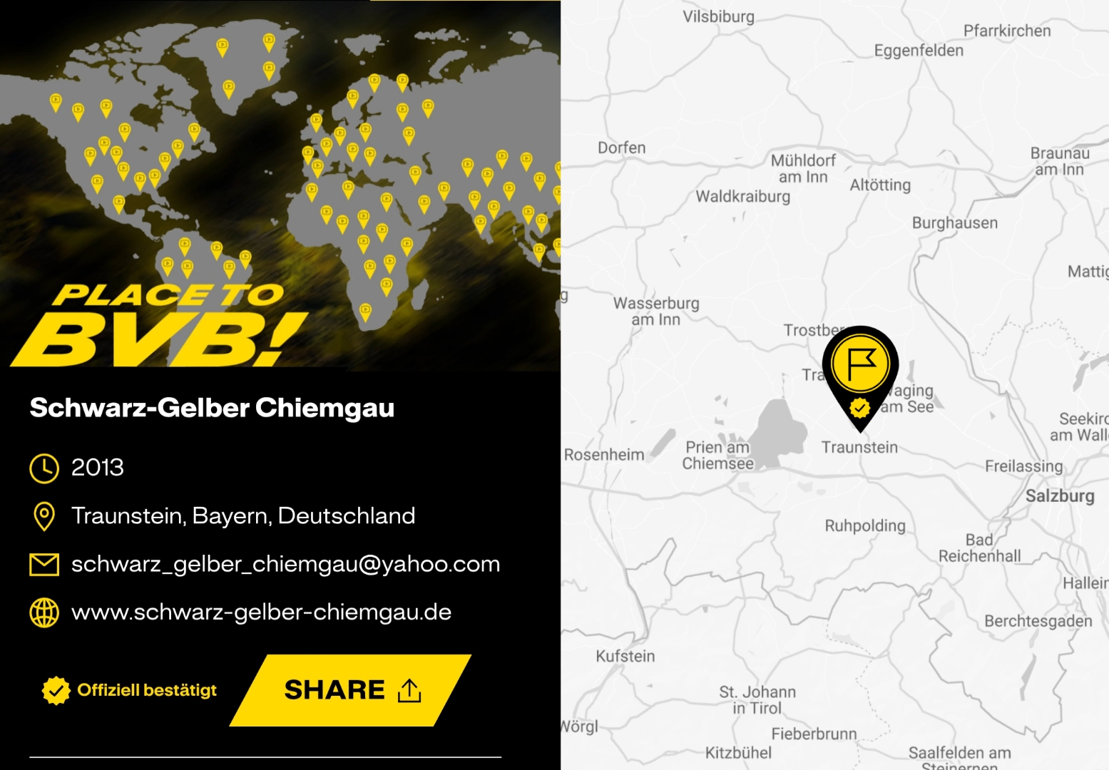 Screenshot: Steckbrief des Schwarz-Gelben Chiemgau mit Gründungsjahr 2013 neben einer Karte mit Markierung bei Traunstein.
