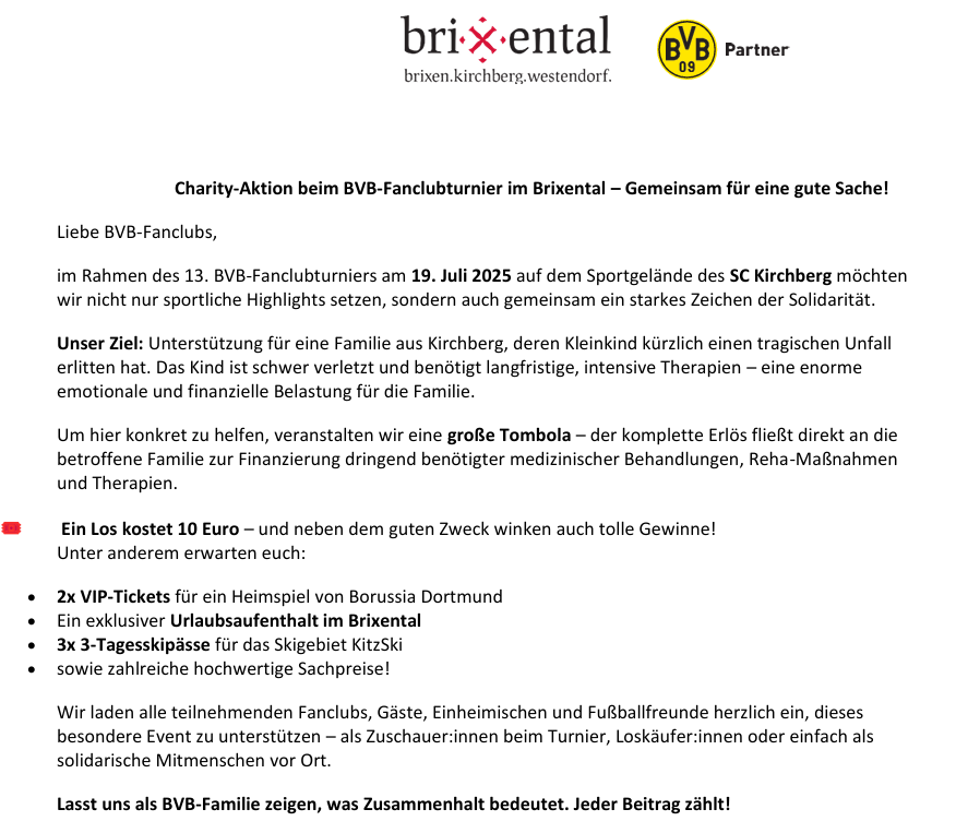 Textseite mit Brixental- und BVB-Logo: Aufruf zur Charity-Aktion beim BVB-Fanclubturnier im Brixental mit Tombola-Preisen.