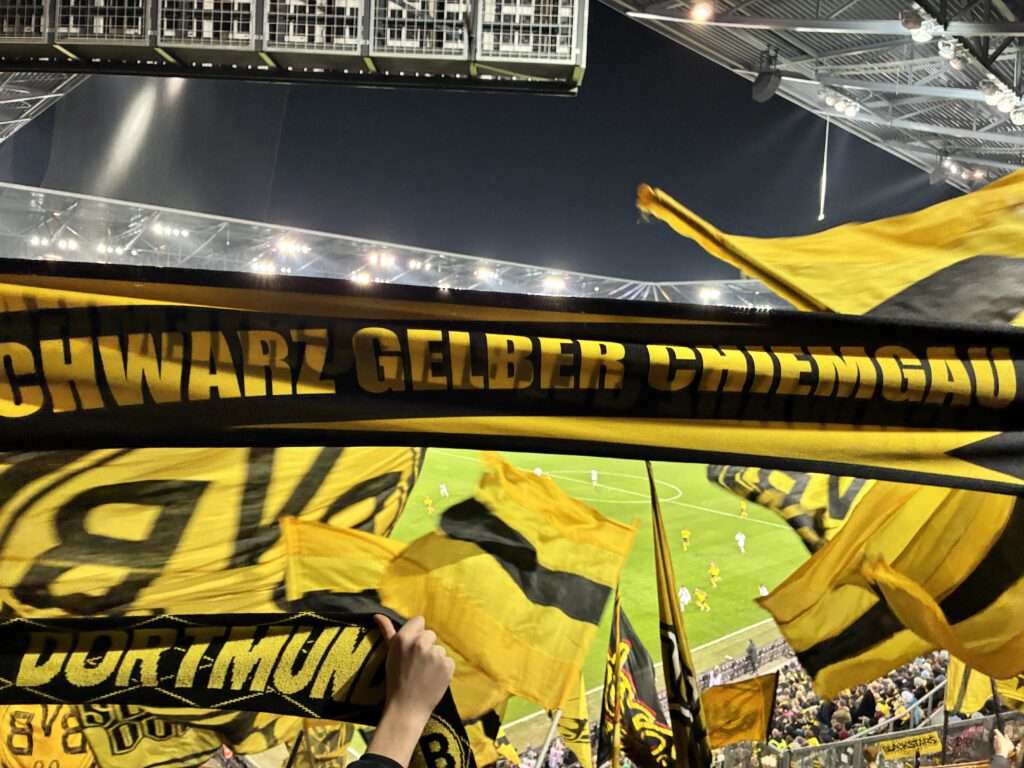 Schal des Schwarz-Gelben Chiemgau vor wehenden schwarz-gelben Fahnen, dahinter das Spielfeld unter Flutlicht.