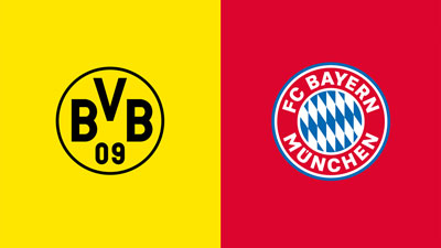 Zweigeteilte Grafik im Breitformat: BVB-Wappen auf Gelb und FC-Bayern-Wappen auf Rot.