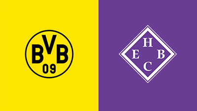 Zweigeteilte Grafik: BVB-Wappen auf Gelb und das Rautenwappen des HEBC auf Lila.